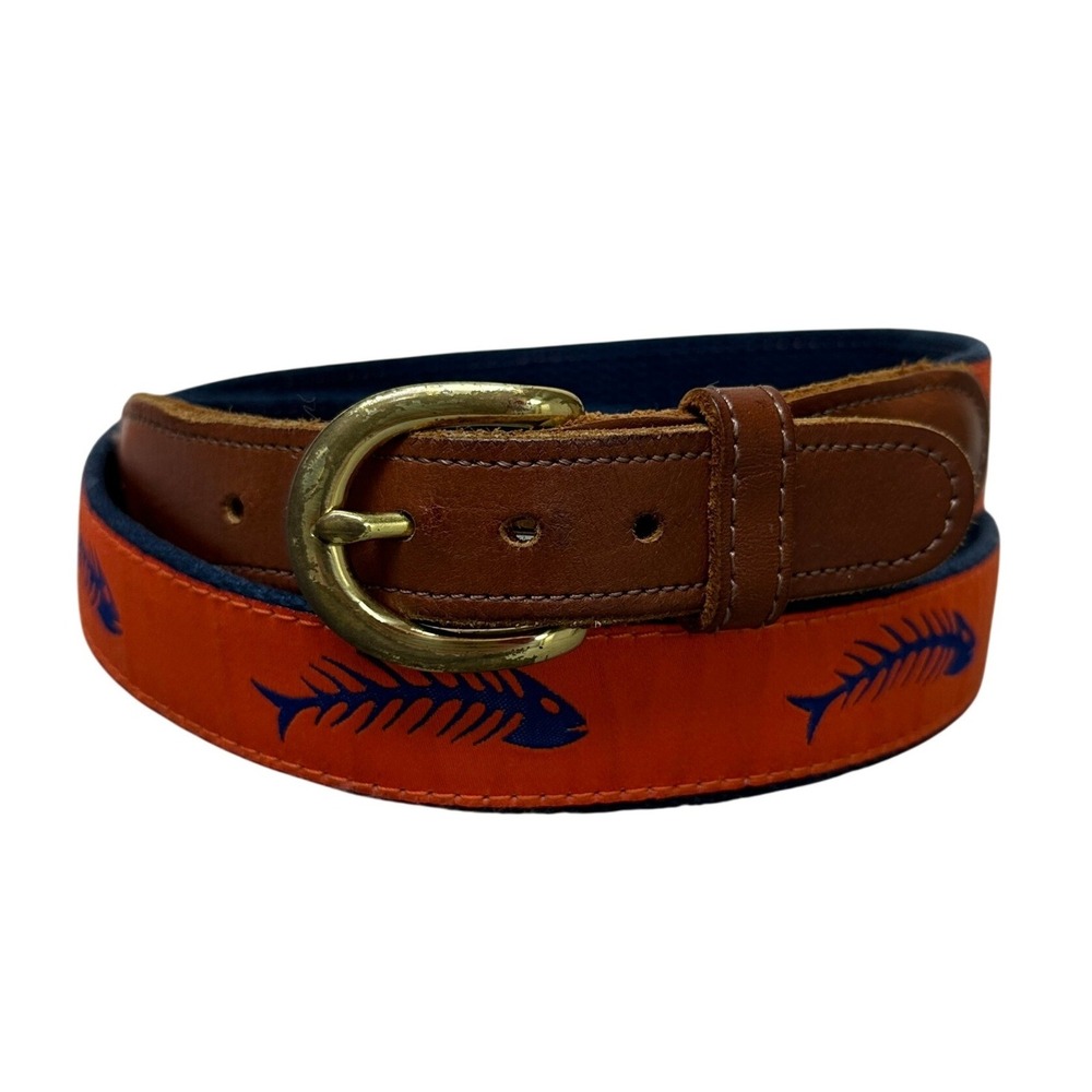 Preston New England Mens 38 Belt Navy Blue Orange Surcingle Leather Brass Buckle